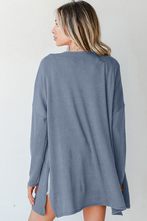 Lightweight Drop Shoulder Ribbed Knit Open Front Cardigan