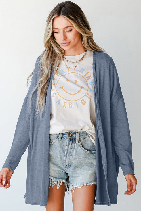 Lightweight Drop Shoulder Ribbed Knit Open Front Cardigan