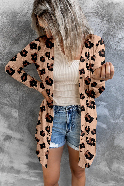 Lightweight Leopard Print Button Front Tunic Cardigan