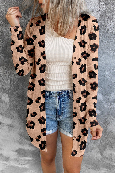 Lightweight Leopard Print Button Front Tunic Cardigan
