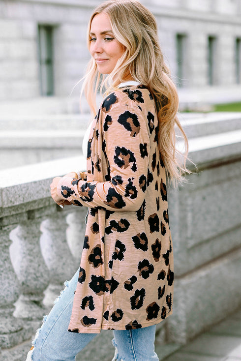 Lightweight Leopard Print Button Front Tunic Cardigan