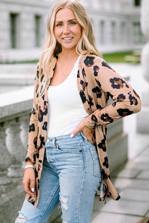 Lightweight Leopard Print Button Front Tunic Cardigan