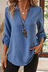 Lightweight Notched V Neck Roll Tab Sleeve Blouse