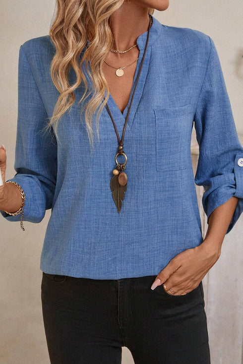 Lightweight Notched V Neck Roll Tab Sleeve Blouse