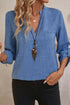 Lightweight Notched V Neck Roll Tab Sleeve Blouse