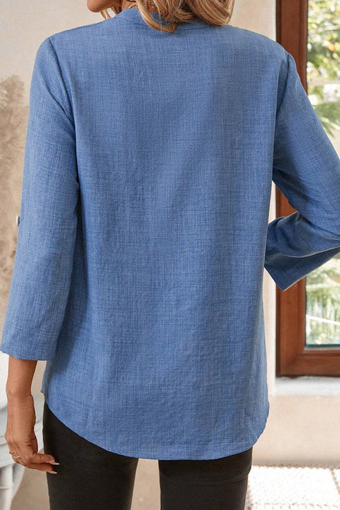 Lightweight Notched V Neck Roll Tab Sleeve Blouse