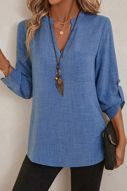 Lightweight Notched V Neck Roll Tab Sleeve Blouse