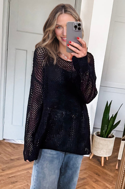 Lightweight Open Knit Boat Neck Pullover Sweater