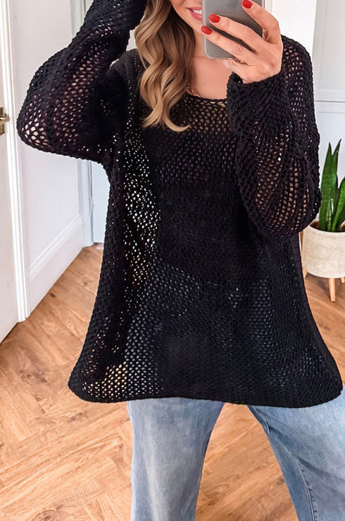 Lightweight Open Knit Boat Neck Pullover Sweater