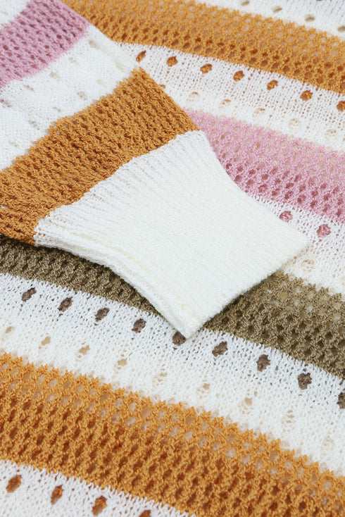 Lightweight Open Knit Striped Crew Neck Sweater