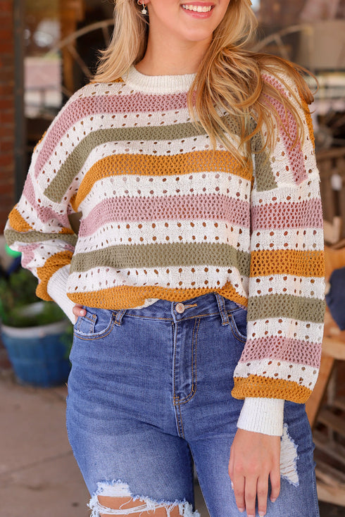 Lightweight Open Knit Striped Crew Neck Sweater