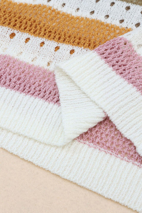 Lightweight Open Knit Striped Crew Neck Sweater