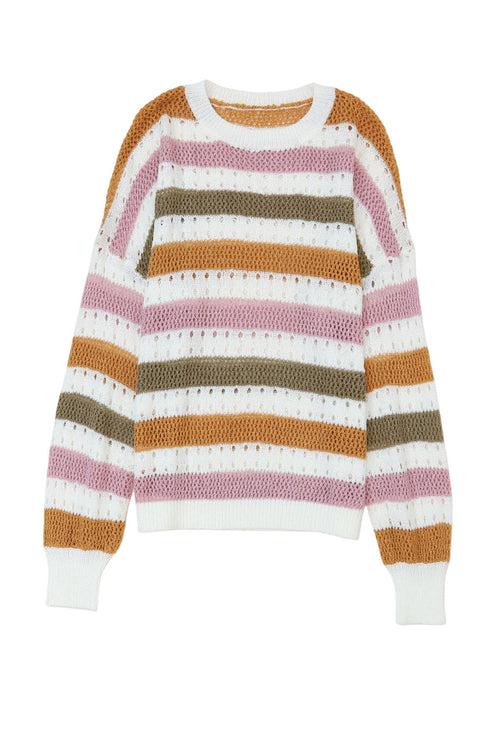 Lightweight Open Knit Striped Crew Neck Sweater