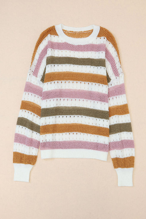Lightweight Open Knit Striped Crew Neck Sweater