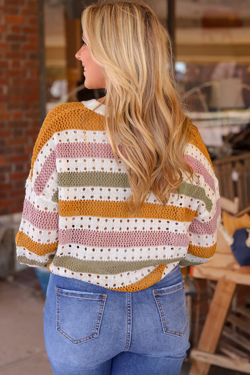 Lightweight Open Knit Striped Crew Neck Sweater