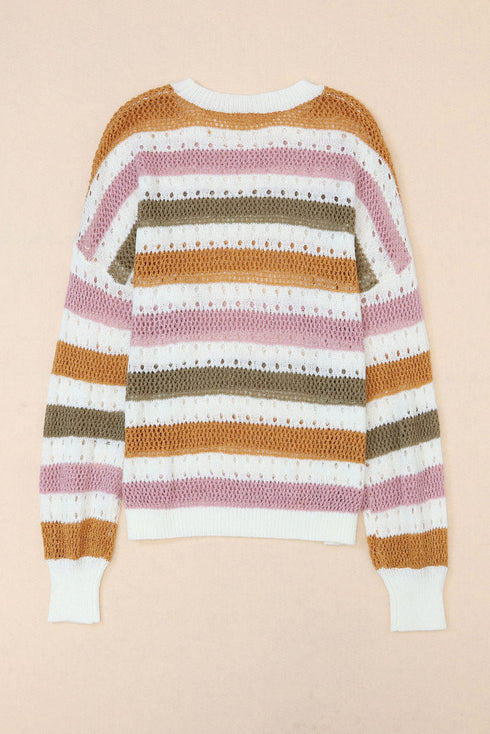 Lightweight Open Knit Striped Crew Neck Sweater