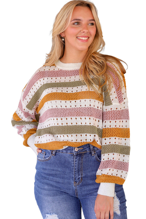 Lightweight Open Knit Striped Crew Neck Sweater