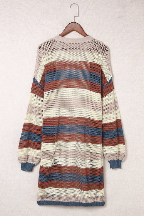 Lightweight Open Knit Striped Long Sleeve Cardigan
