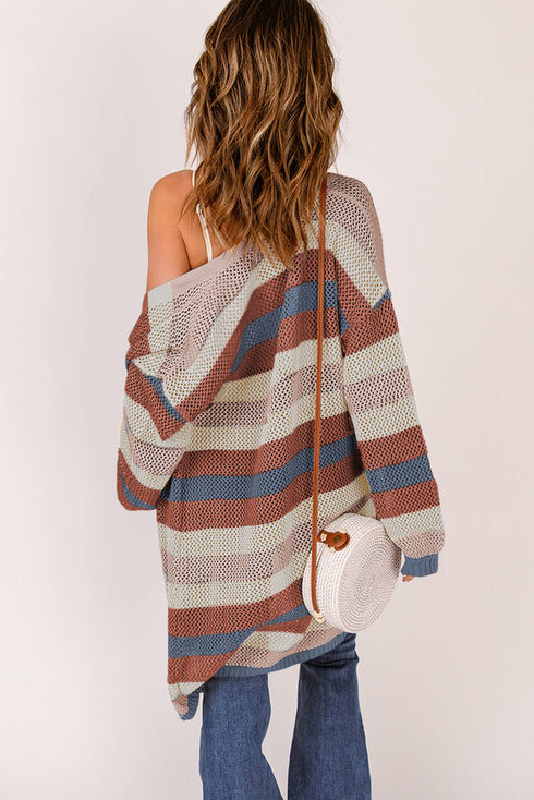 Lightweight Open Knit Striped Long Sleeve Cardigan