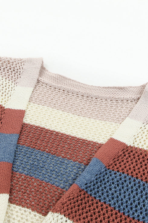 Lightweight Open Knit Striped Long Sleeve Cardigan