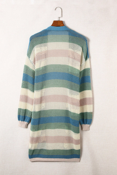Lightweight Open Knit Striped Long Sleeve Cardigan