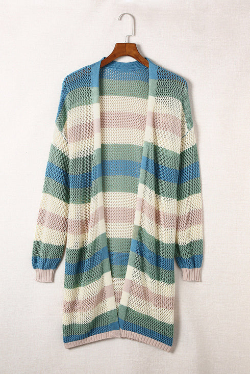 Lightweight Open Knit Striped Long Sleeve Cardigan