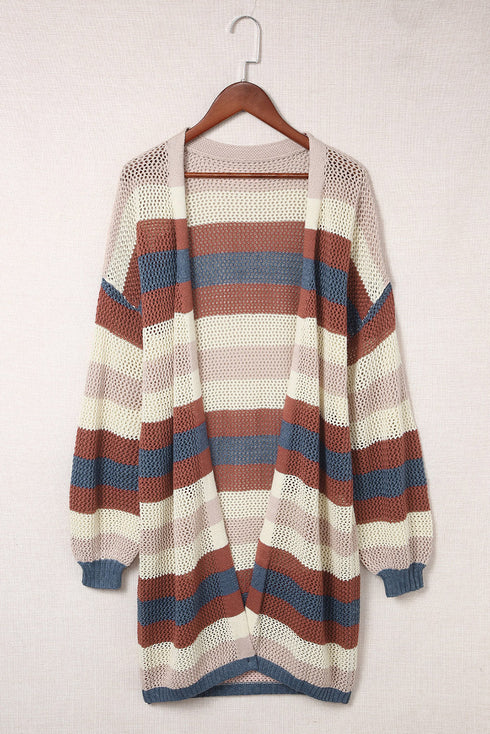 Lightweight Open Knit Striped Long Sleeve Cardigan