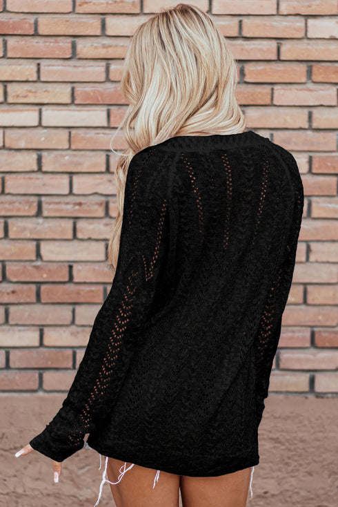 Lightweight Pointelle Open Front Long Sleeve Cardigan