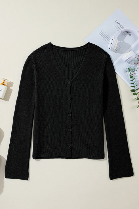 Lightweight Ribbed Knit Button Front V Neck Cardigan