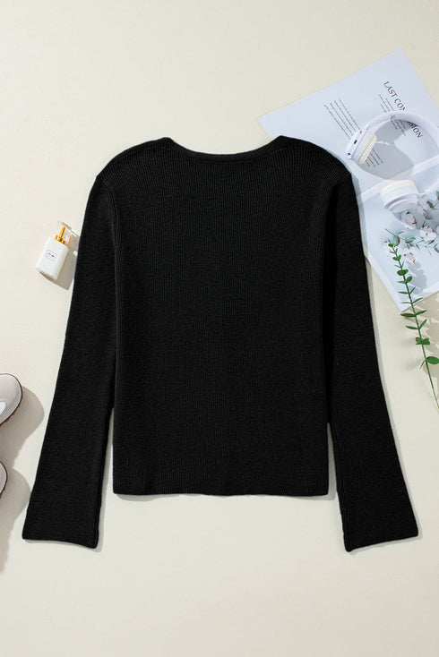 Lightweight Ribbed Knit Button Front V Neck Cardigan