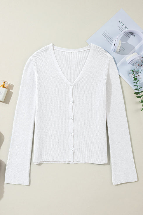 Lightweight Ribbed Knit Button Front V Neck Cardigan