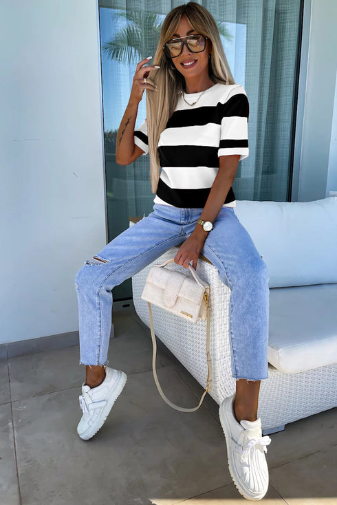 Lightweight Striped Crew Neck Knit Top