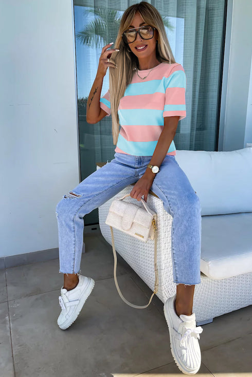 Lightweight Striped Crew Neck Knit Top