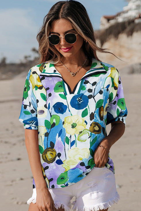 Lightweight Viscose Blend Floral Print Slit Neck Blouse