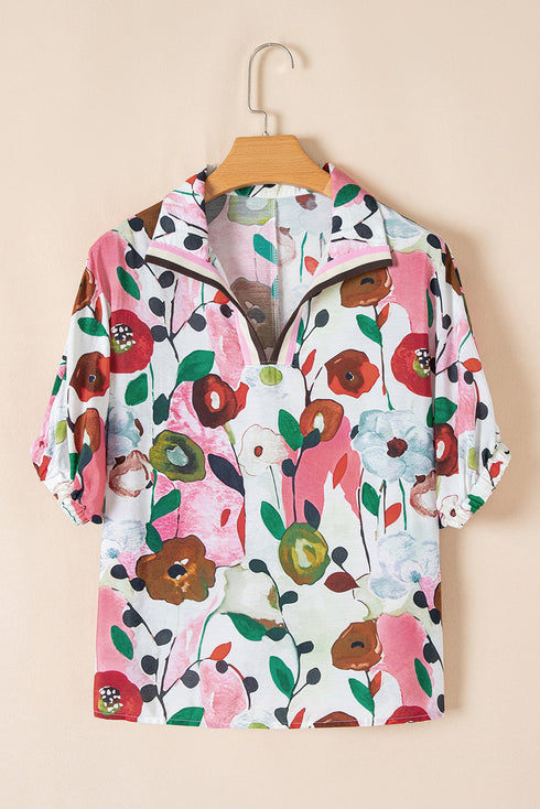 Lightweight Viscose Blend Floral Print Slit Neck Blouse