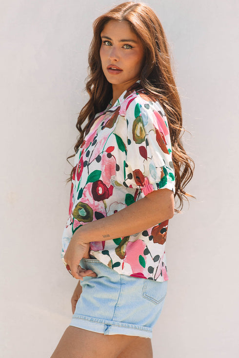 Lightweight Viscose Blend Floral Print Slit Neck Blouse