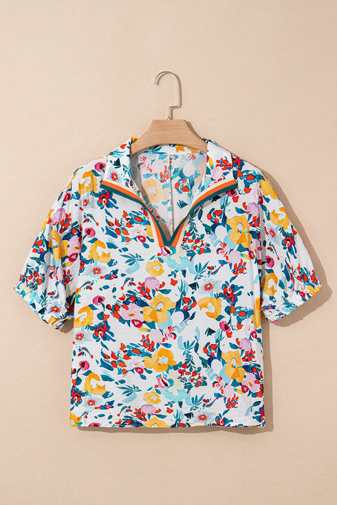 Lightweight Viscose Blend Floral Print Slit Neck Blouse