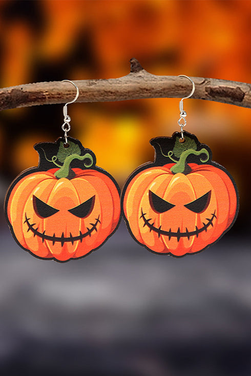 Lightweight Wooden Pumpkin Face Dangle Hook Earrings