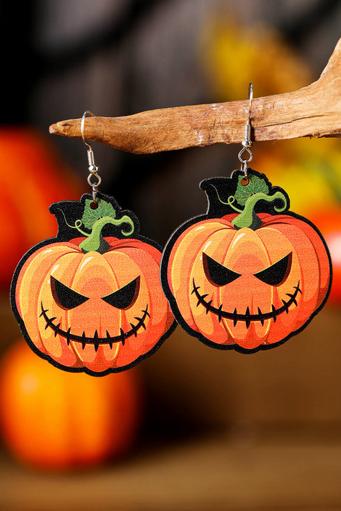 Lightweight Wooden Pumpkin Face Dangle Hook Earrings