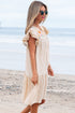 Linen Embroidery Split Neck Pom Pom Ruffle Sleeves Flowy Short Dress