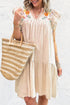 Linen Embroidery Split Neck Pom Pom Ruffle Sleeves Flowy Short Dress