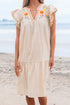 Linen Embroidery Split Neck Pom Pom Ruffle Sleeves Flowy Short Dress