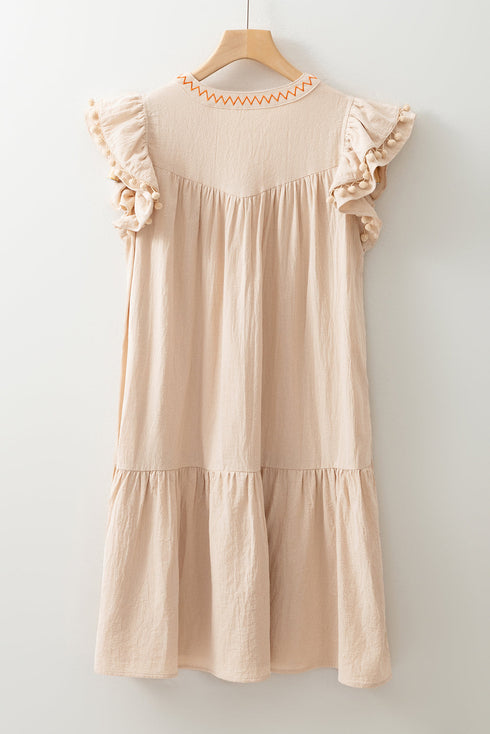 Linen Embroidery Split Neck Pom Pom Ruffle Sleeves Flowy Short Dress