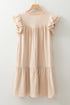 Linen Embroidery Split Neck Pom Pom Ruffle Sleeves Flowy Short Dress