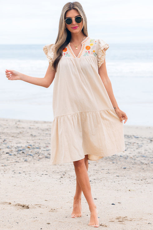 Linen Embroidery Split Neck Pom Pom Ruffle Sleeves Flowy Short Dress