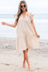 Linen Embroidery Split Neck Pom Pom Ruffle Sleeves Flowy Short Dress