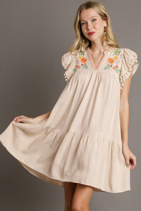 Linen Embroidery Split Neck Pom Pom Ruffle Sleeves Flowy Short Dress