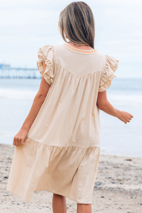 Linen Embroidery Split Neck Pom Pom Ruffle Sleeves Flowy Short Dress