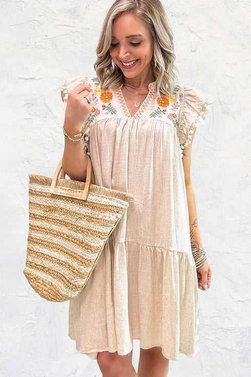 Linen Embroidery Split Neck Pom Pom Ruffle Sleeves Flowy Short Dress