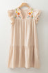 Linen Embroidery Split Neck Pom Pom Ruffle Sleeves Flowy Short Dress